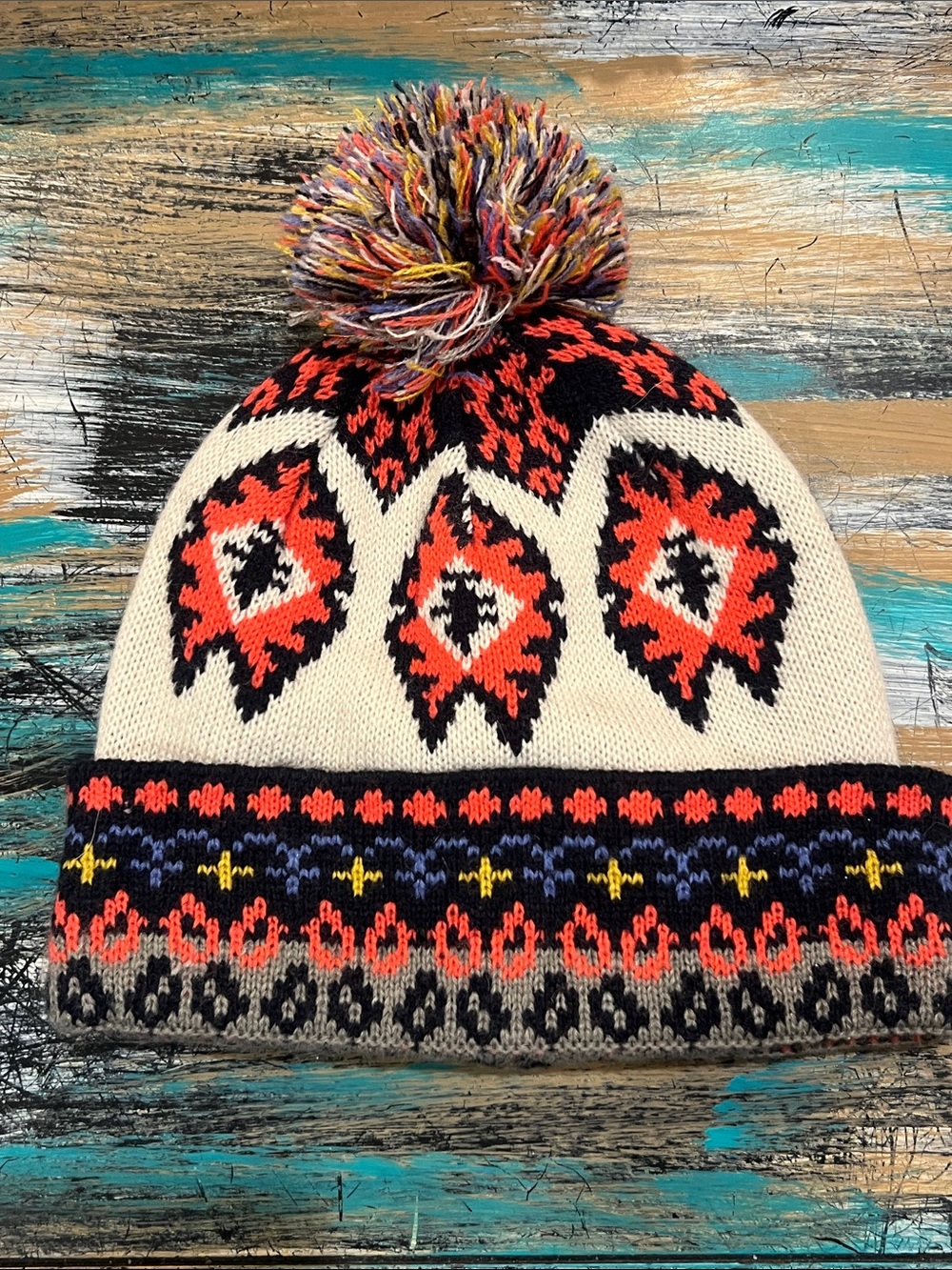 Urban Outfitters Multicolor Pom Beanie - Cream, Red, Black
